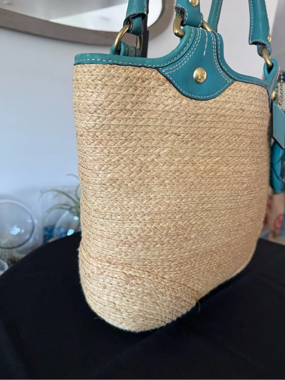 💚Coach Bleecker Straw Tote Teal Leather Flower Charm ☀️_5